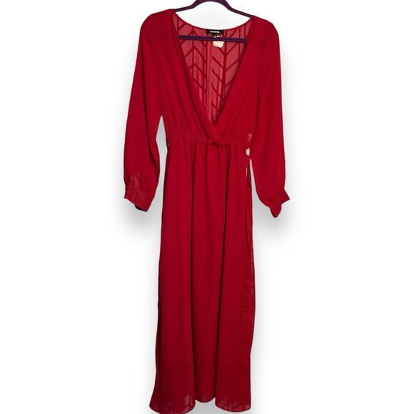 UPS & DOWNS Maxi Dress Womens Medium Red Semi Sheer Valentines Holiday Belt NWOT - Picture 1 of 14